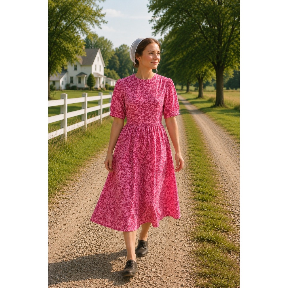 Unbranded Floral mennonite style Dress Small Pink Short Sleeve A-Line Vintage